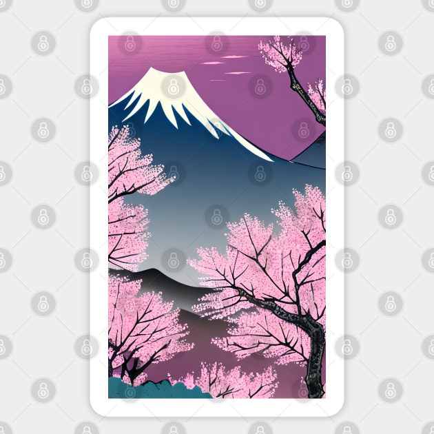 Fujiyama with cherry blossom trees, ukiyo e Sticker by Ravenglow